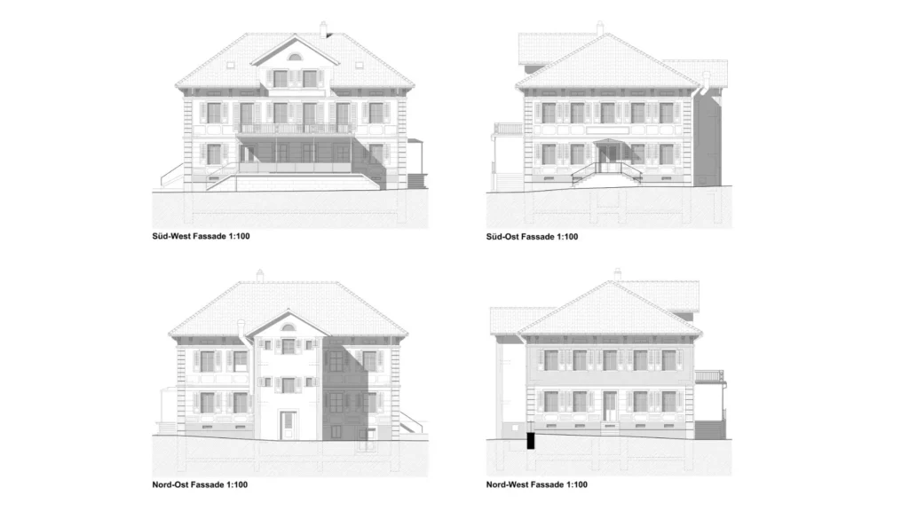 Fassadenplan eines bestehenden Gebäudes, erstellt durch Architektur CAD Zeichner Schweiz