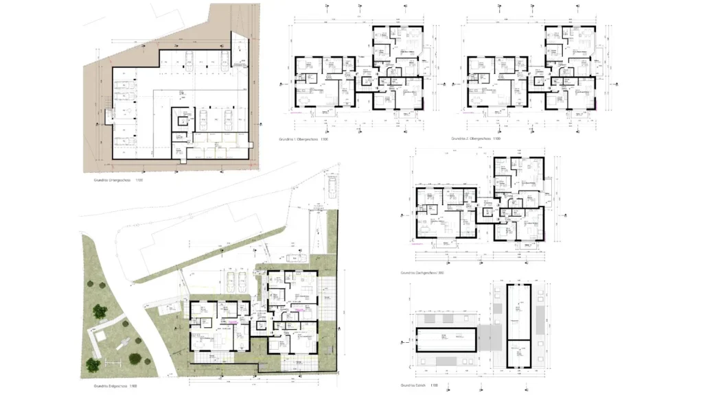 Grundrisse eines Mehrfamilienhauses als Bewilligungsplan, erstellt durch Architektur CAD Zeichner Schweiz