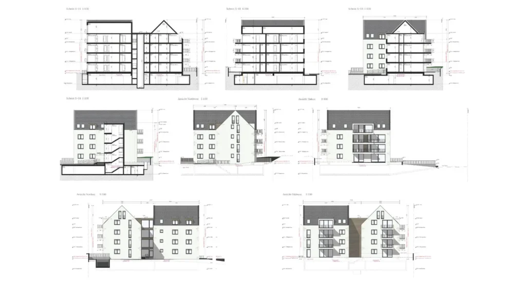 Schnitt und Fassadenplan eines Mehrfamilienhauses als Bewilligungsplan, erstellt durch Architektur CAD Zeichner Schweiz