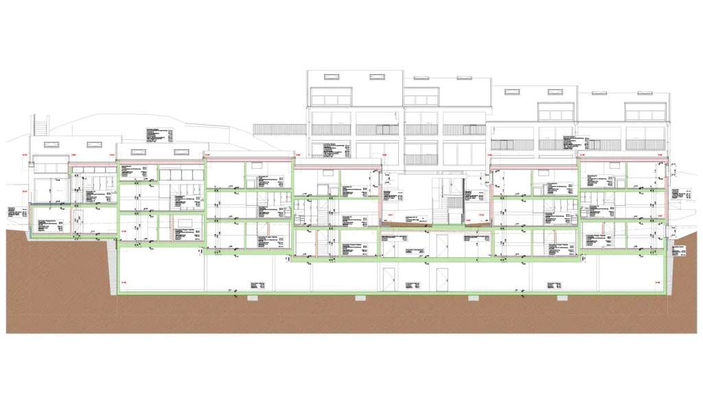 Schnitt eines Mehrfamilienhauses als Werkplan, erstellt durch Architektur CAD Zeichner Schweiz